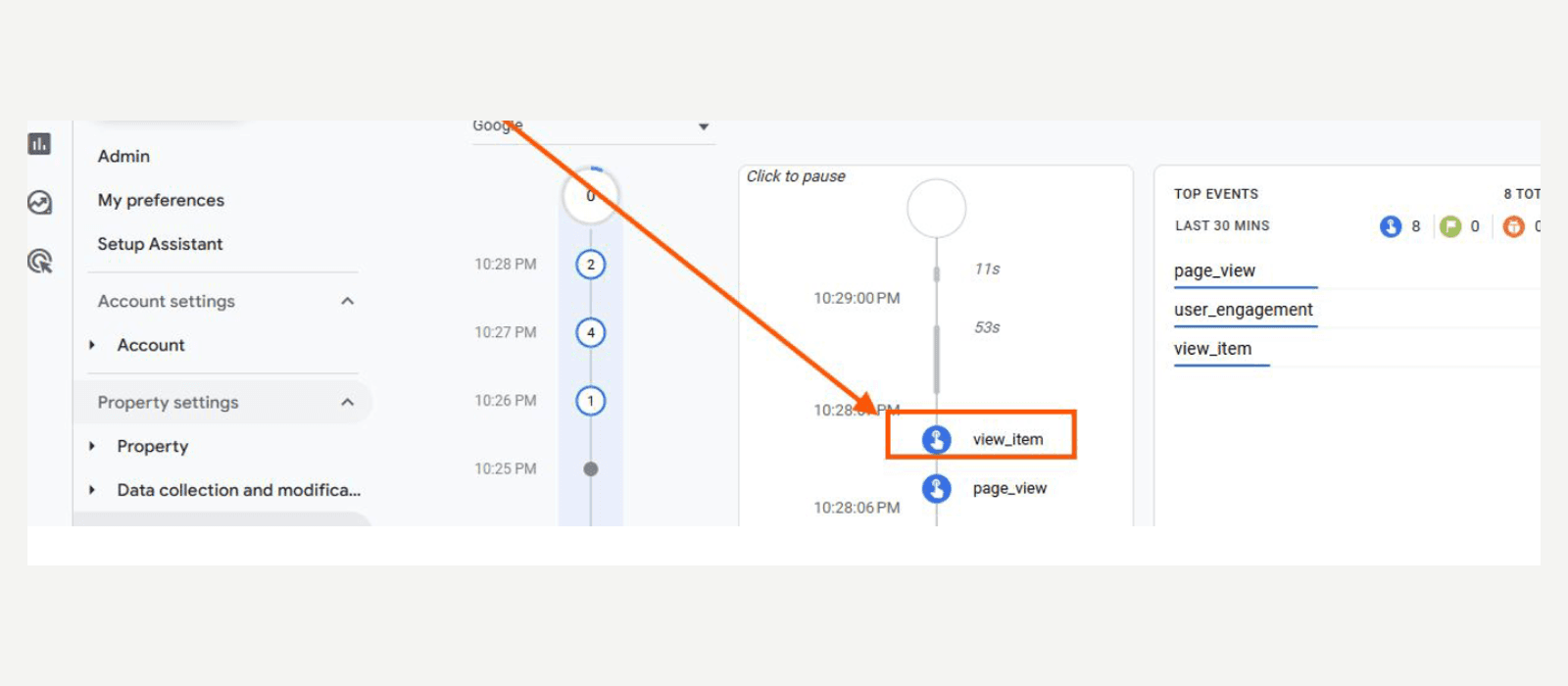 GA4 DebugView showing a view_item event firing once as a product page renders.