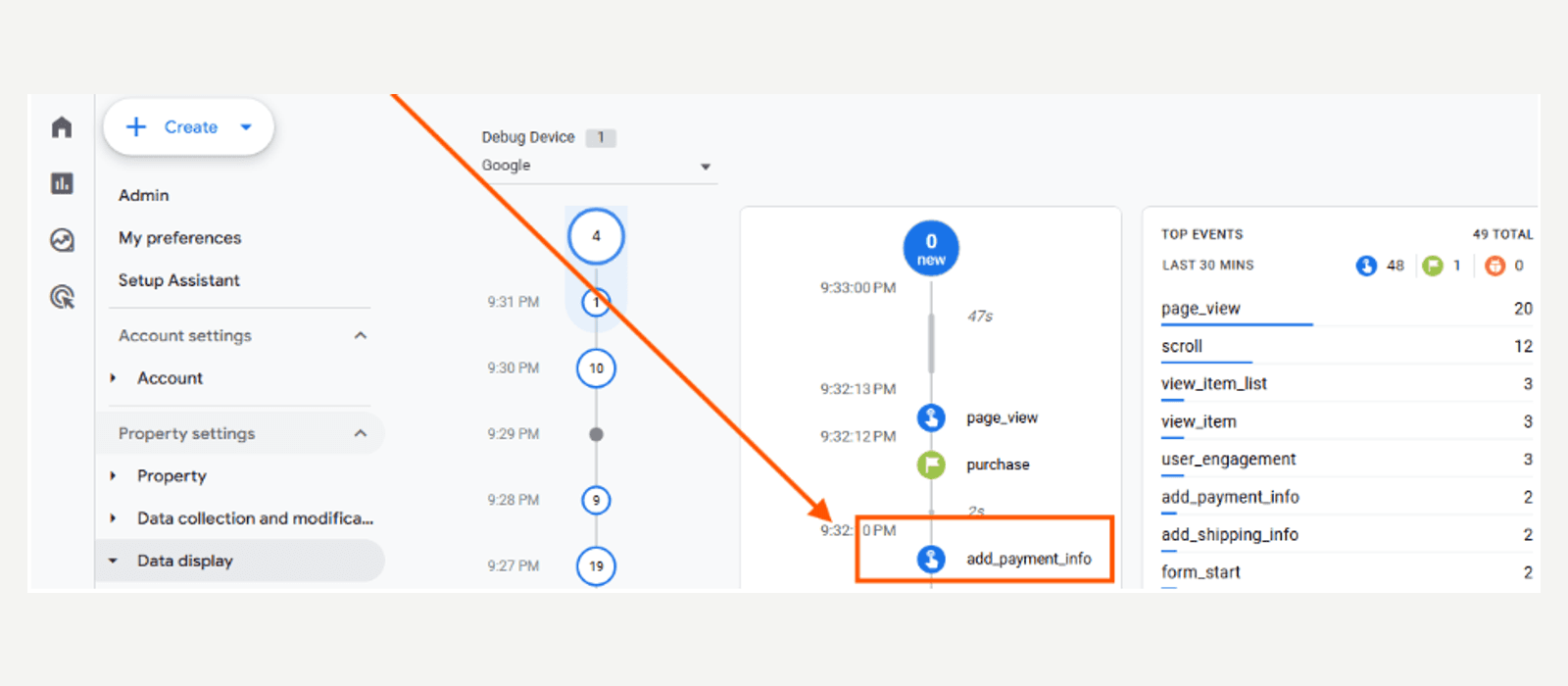 GA4 DebugView showing a purchase and an add_payment_info event firing once each on a live session, beside the running event counts for the last 30 minutes.