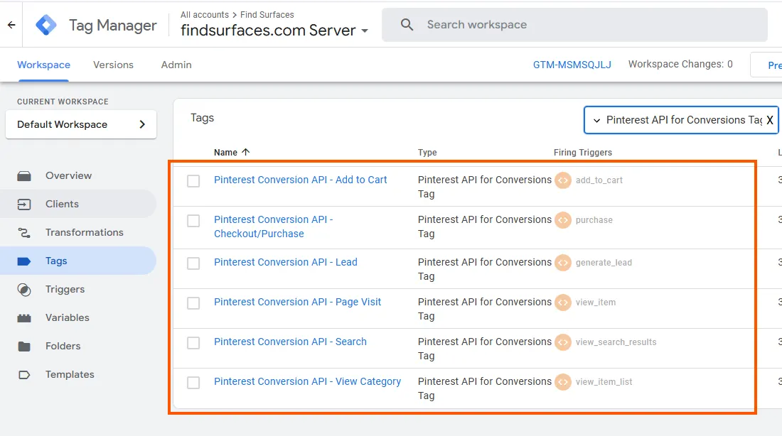 Pinterest server all tag