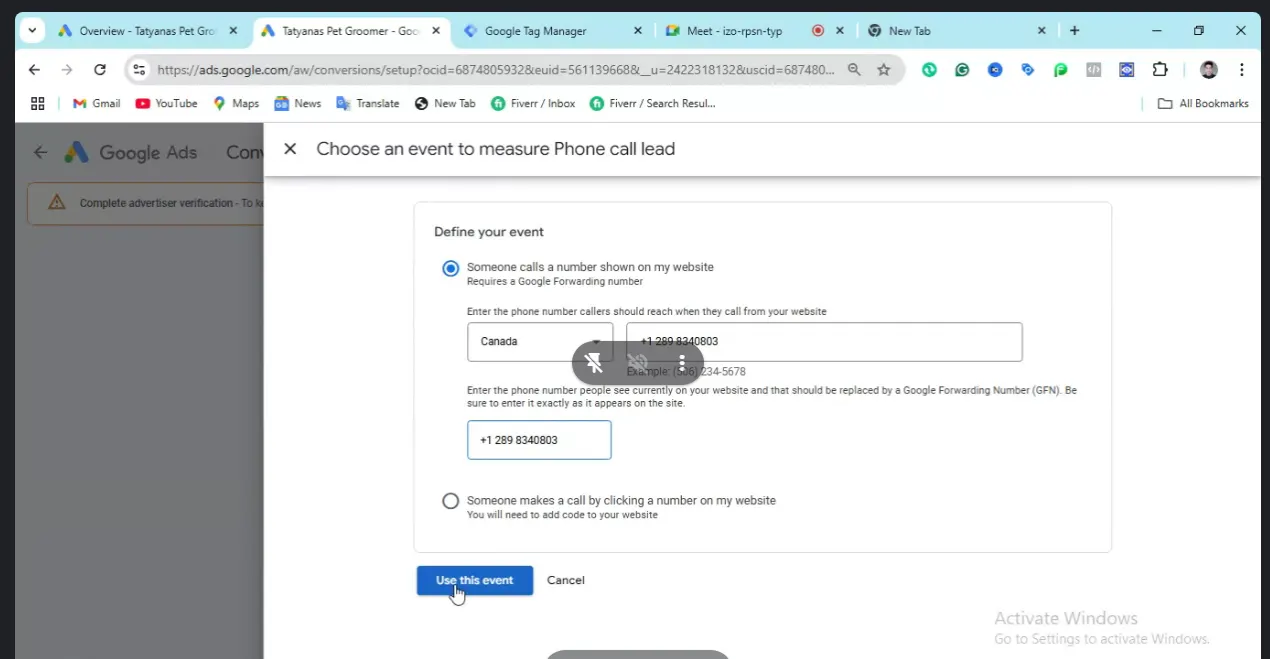 Google ads phone call tracking pet website