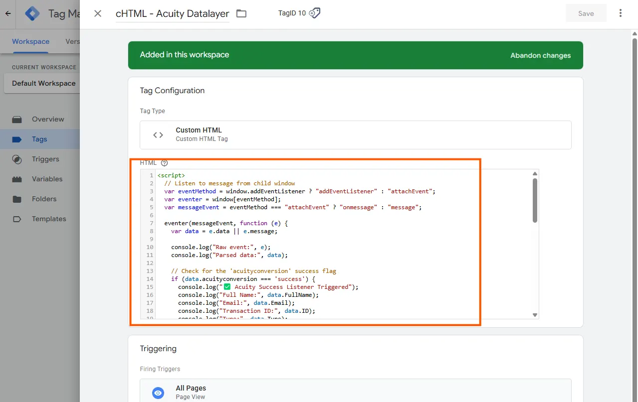 Acuity data layer code in GTM