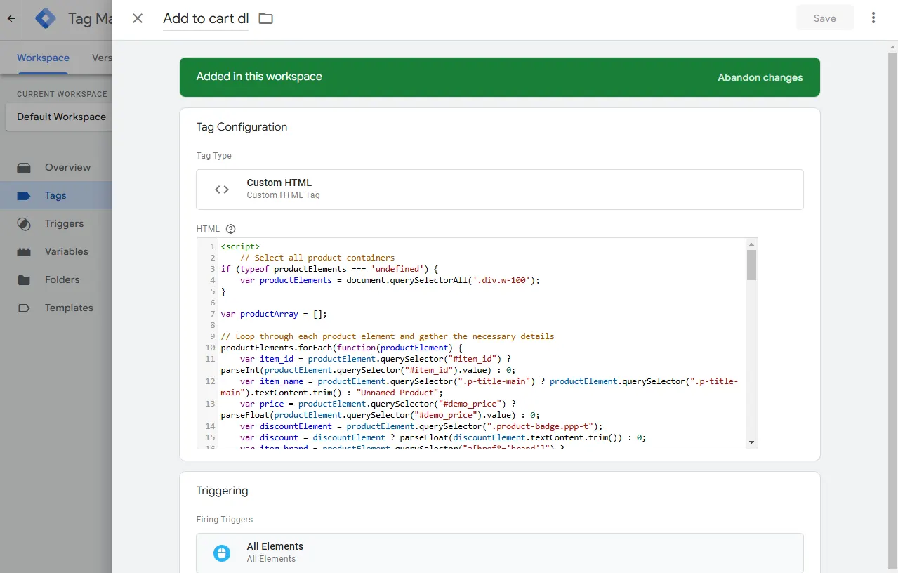 Add to cart code datalayer
