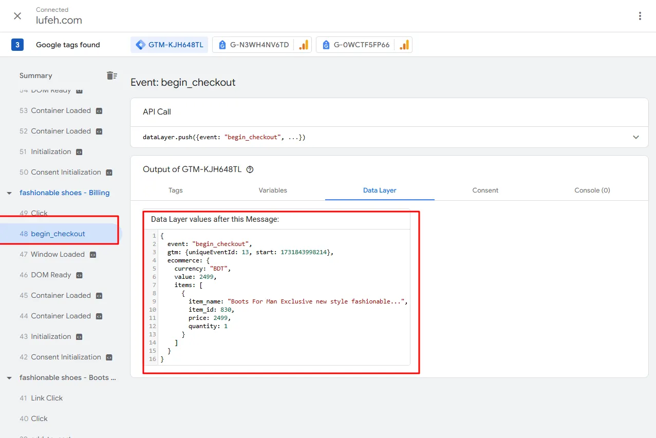 Begin checkout datalayer
