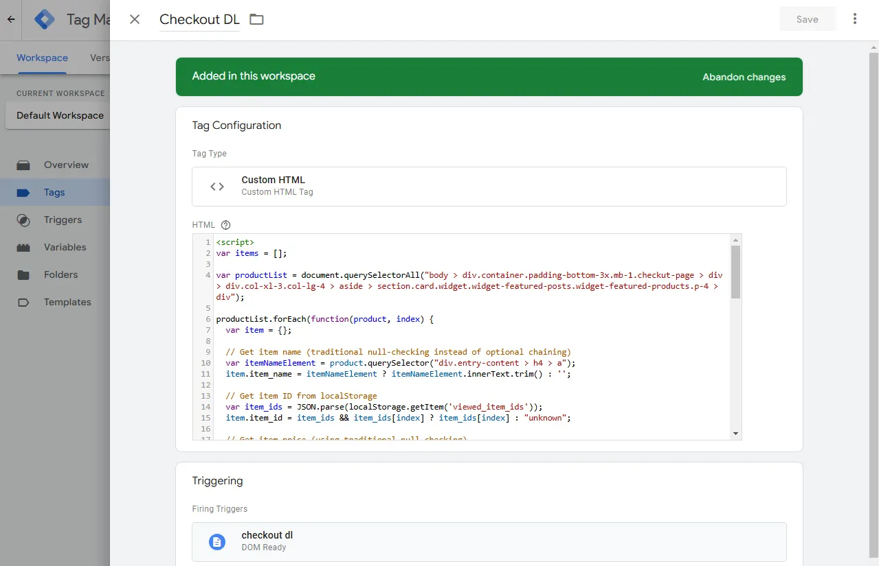 Checkout datalayer code