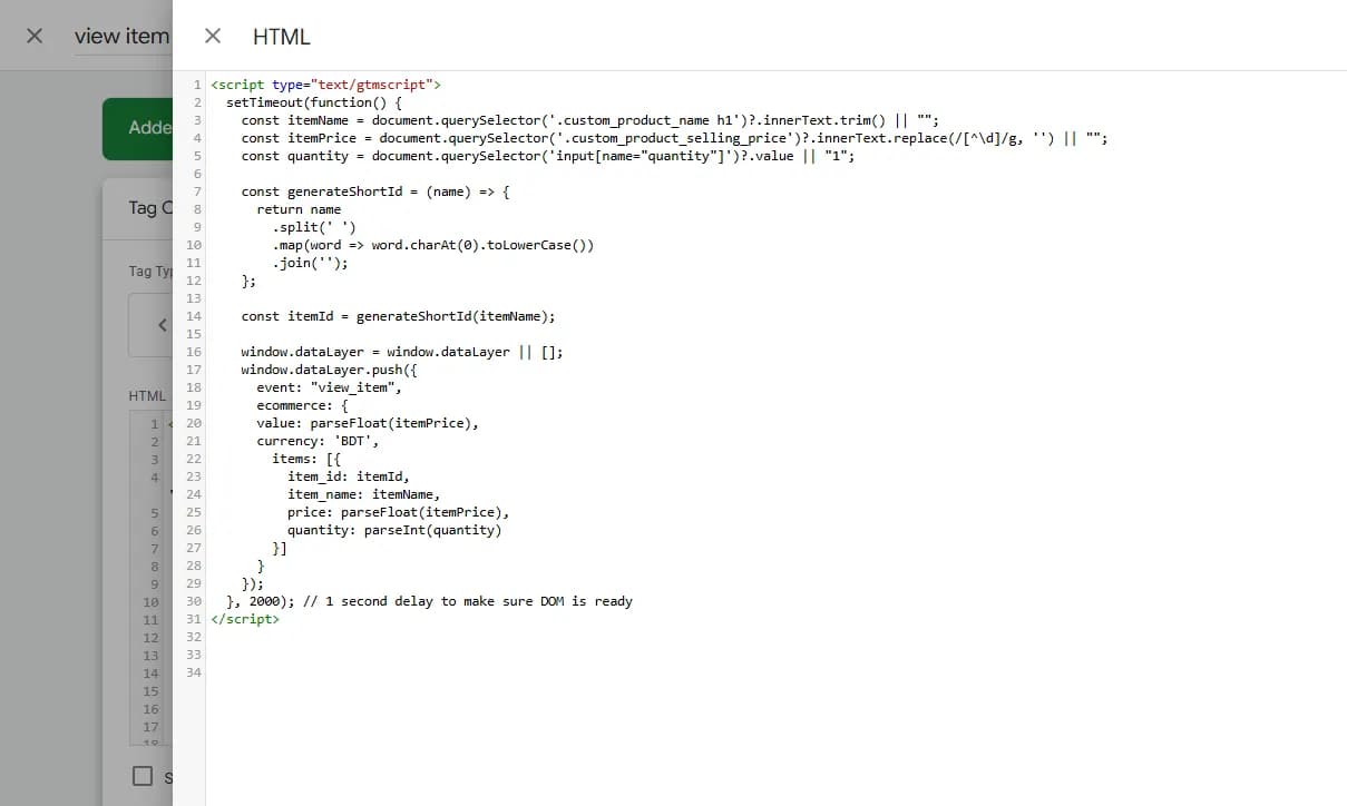 View item datalayer code